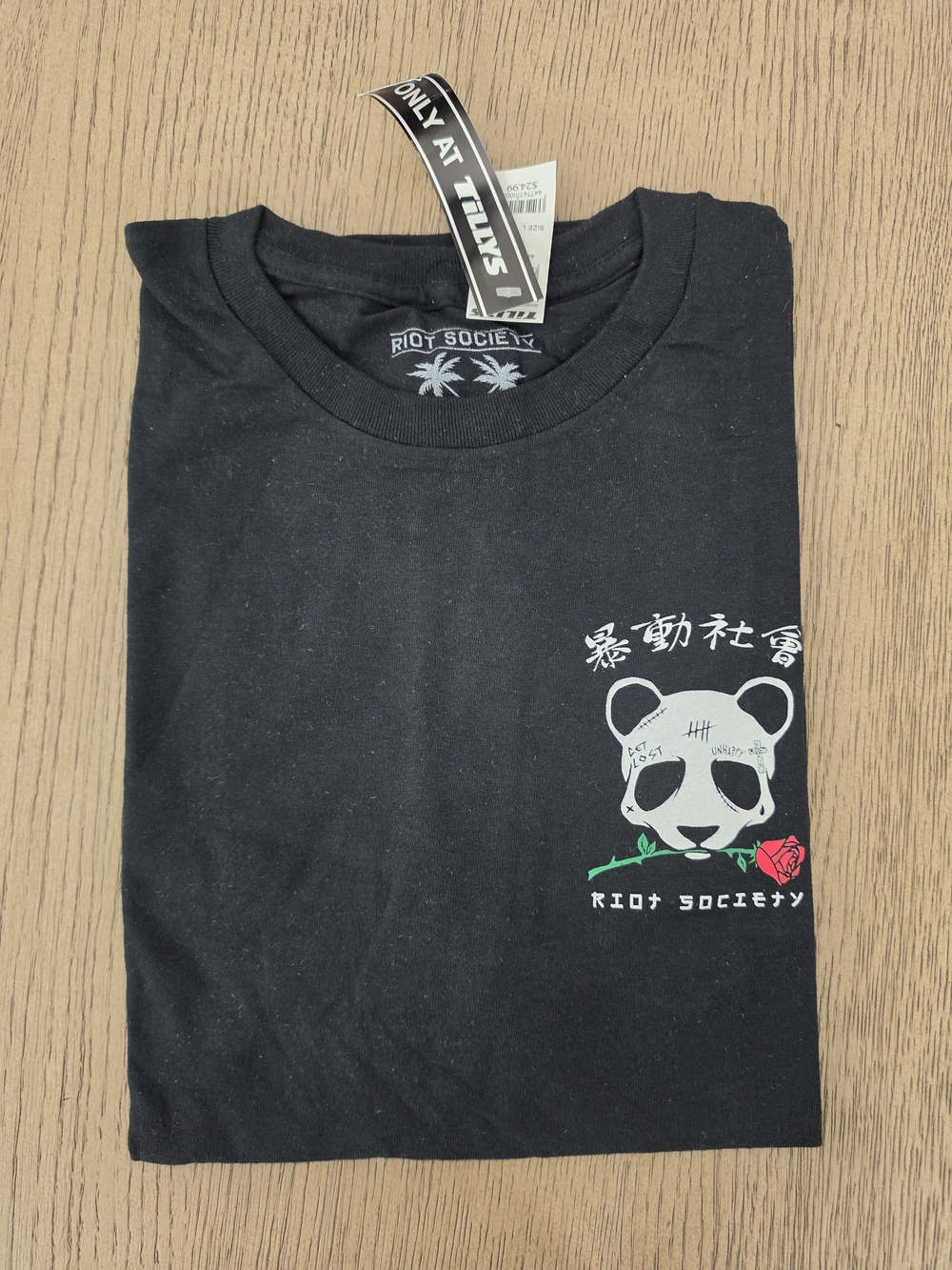 Riot Society Black Panda Graphic Tee with Red Rose